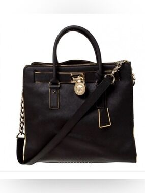 Michael Kors Black Leather Hamilton satchel Handbag with chain strap